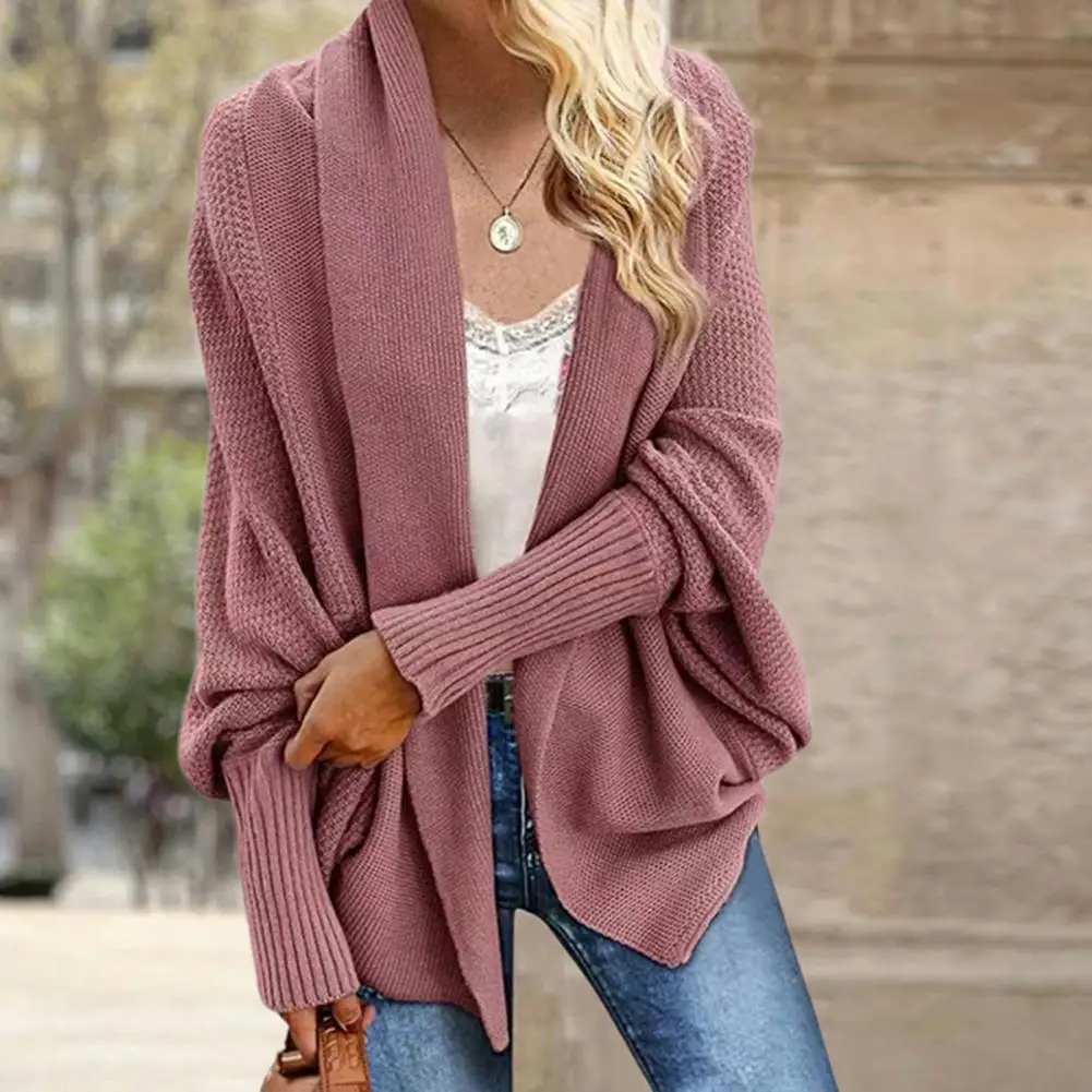 Autumn Winter Women Cardigan Coat Solid Color Collarless Batwing Open Front Knitting Coat Loose Elastic Cuffs Knitted Cardigan