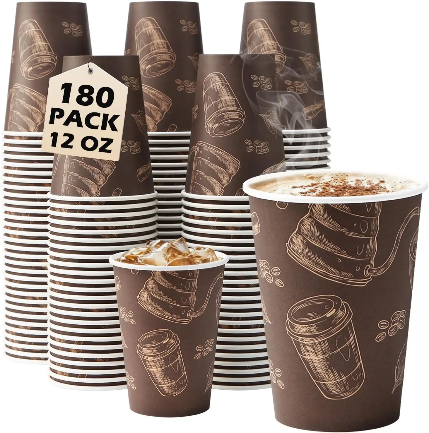 

Coffee Cups 12 oz Paper Cups 180 Pack, Thickened Paper Coffee Cups Disposable 12 oz Coffe Cup, Hot/Cold Beverage Drinkin