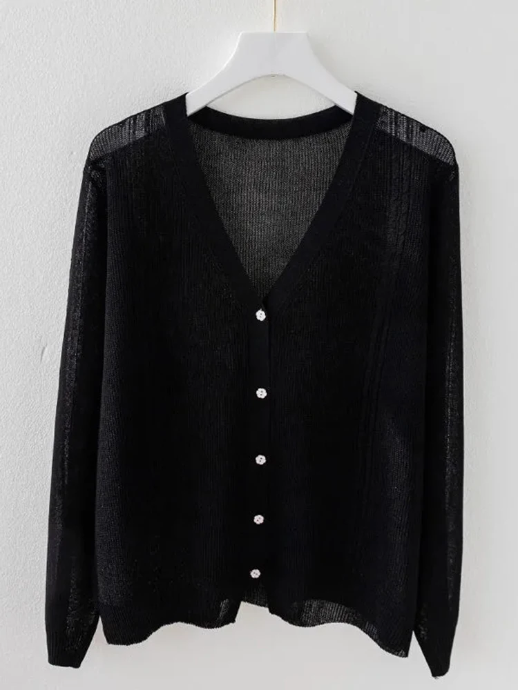 Hollow Out Knit Ice Silk Loose Cardigan Long Sleeve Outwear Spring Tops Korean Casual Elegant Coat Knitwear V-neck New Jackets