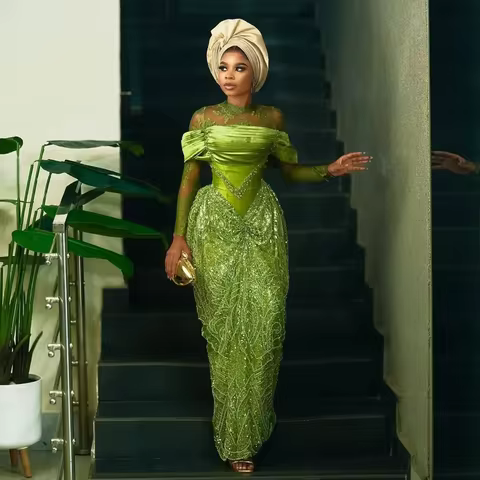 Elegance African Lace Evening Dresses Custom Sequins Beaded African Wedding Reception Dress Traditional Bridal Dress Aso Ebi