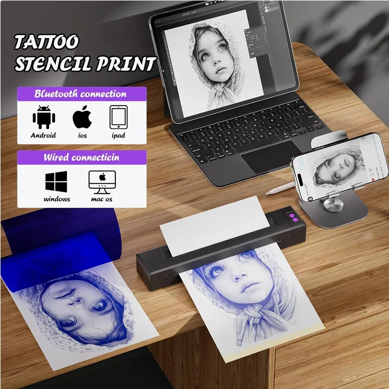 Portable HD Tattoo Printer P19 Mini Tattoo Stencil Printer A4 Tattoo Machine for Tattoo Artists Compatible with Phone Tablet PC