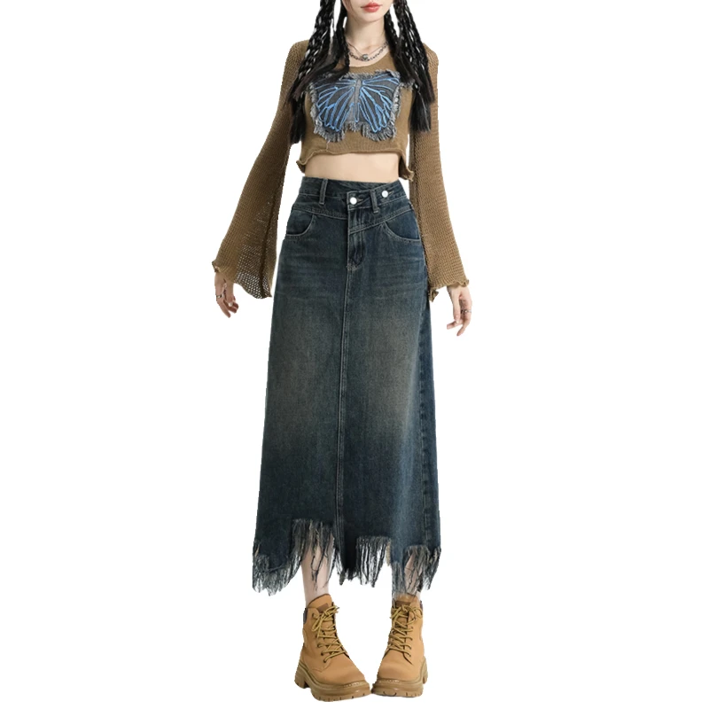 

Джинсовая юбка с высокой талией, облегающая, с передним разрезом и декоративной бахромой, летняя коллекция 2026, модный дизайн