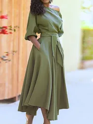 Temperament Simple Style Solid Color Dresses Women Fashion Half Sleeves Slant Collar Leace-up Irregular Dress Female New Vestido