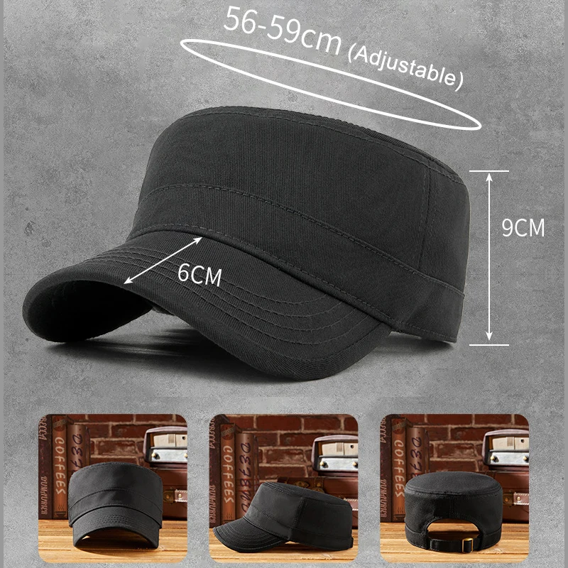 58 60 62cm Retro Baseball Hat for Men Flat Top Cadet Cap Women Solid Black Dailywear Visor Big Size Outdoor Sun Cap Adjustable