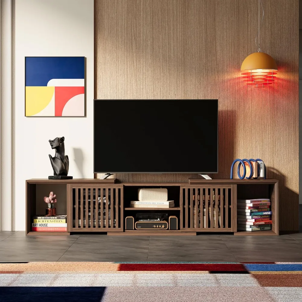 

TV Stand, Height Adjustable, Corner Entertainment Center, with Open Storage Shelves, Dark Walnut Color