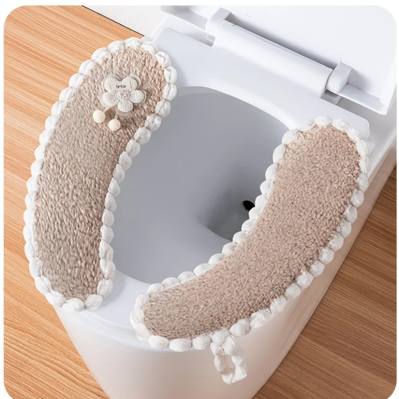 2 Pack Coral Fleece Toilet Seat Cushions, Single Floral Design, 4-Point Fixed Installation, White Trim, Portable Handle, Hand Washable, Universal Fit
