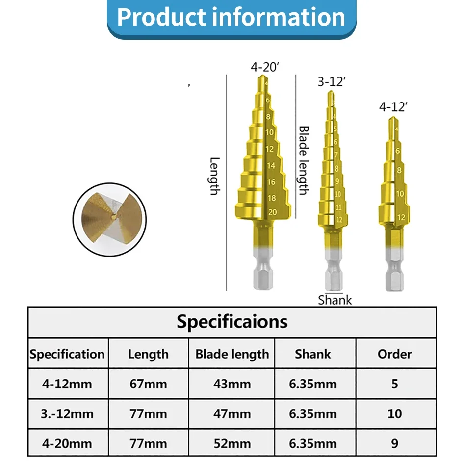 1/3pcs HSS Set di punte per trapano a gradino con scanalatura dritta 3-12mm 4-12mm 4-20mm Set di punte per trapano con foro in metallo rivestito in