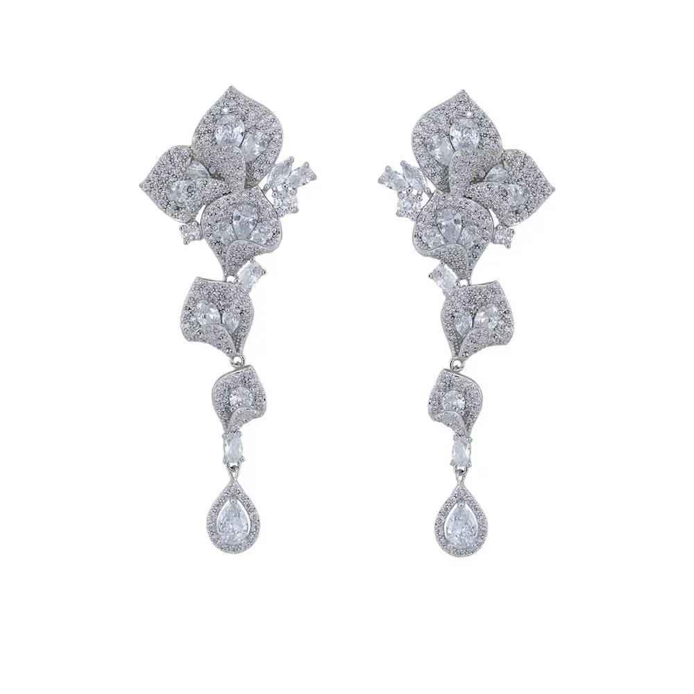 

Cubic Zircon CZ Wedding Flowers Dangle Earring for Bridal Women Girl Prom Jewelry with 925 Silver Pin CE10762