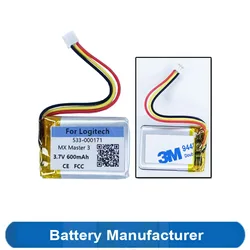 Oryginał zastępuje baterię 600mAh 533-000171 dla Logitech MX Master 3 bezprzewodowa mysz do gier Batterie akumulator AKKU