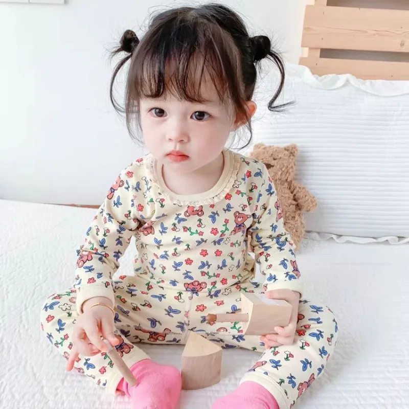 Autumn Children Girls Loungewear Bellbell 2-8Yrs Kids Girl Bear Print Long Sleeves Suit Soft Babys Girl Pant 2PCS Pajamas Outfit