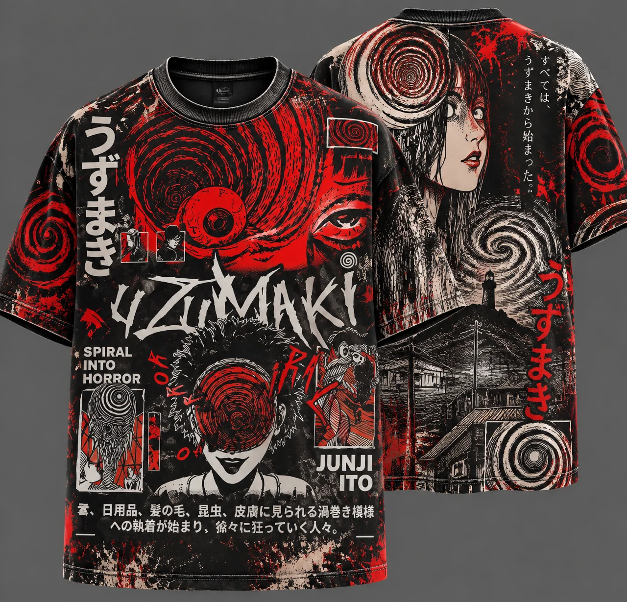 Vintage Horror Anime Junji Ito Uzumaki Graphic T-shirt Men Women Manga Retro Oversized T Shirt Y2k Casual T-shirts