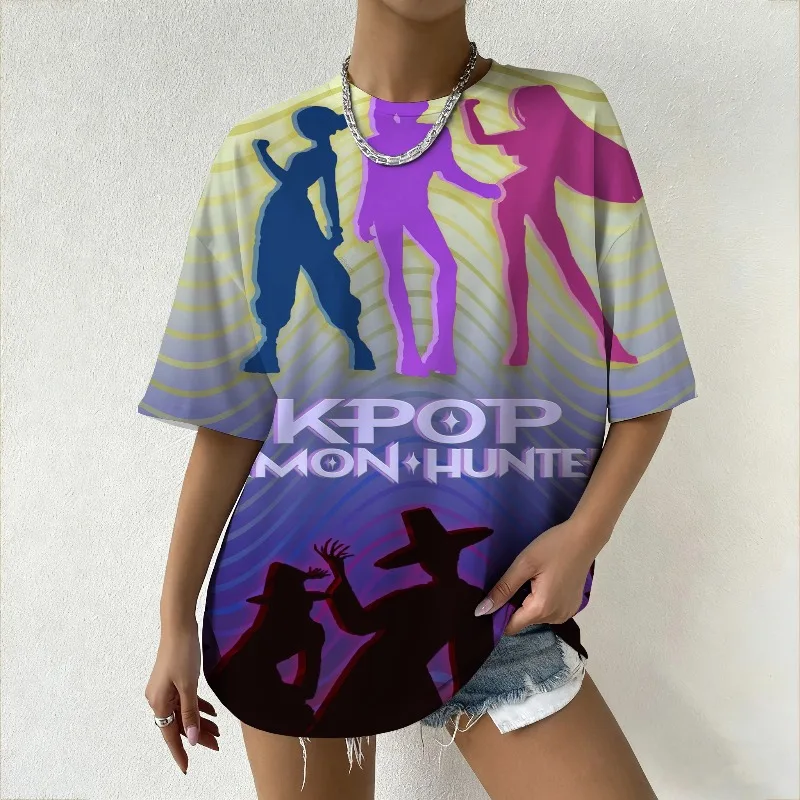 

Women's Oversized T-Shirt KPop Demon Hunters Colorful Character Silhouettes Print, Gradient Graphic Tee for Casual Fashion Wear