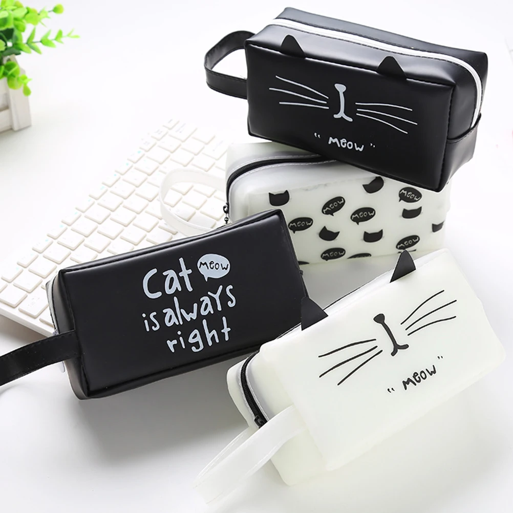 

Fashionable Pen Bag Jelly Gel Dust proof Pencil Case Large Capacity Cute Cat Pattern Kids Stationery Storage Zipper
