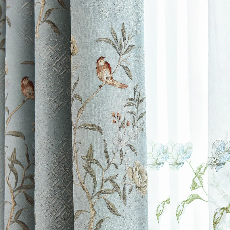 New Chinese Style Curtains New Chinese Style Flower and Bird Jacquard Curtains High Shading and Antique Style Texture Curtains