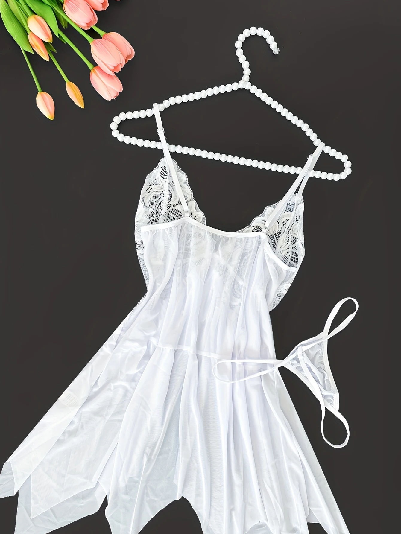 レーススプライシングメッシュ半透明セクシー下着セットサスペンダーネグリジェドレスTバック付き