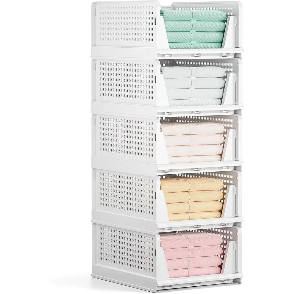 

5 Pack Stackable Closet Storage, Plastic Basket, Organizers Storage Box, Bedroom, Kitchen, Bathroom, Office White