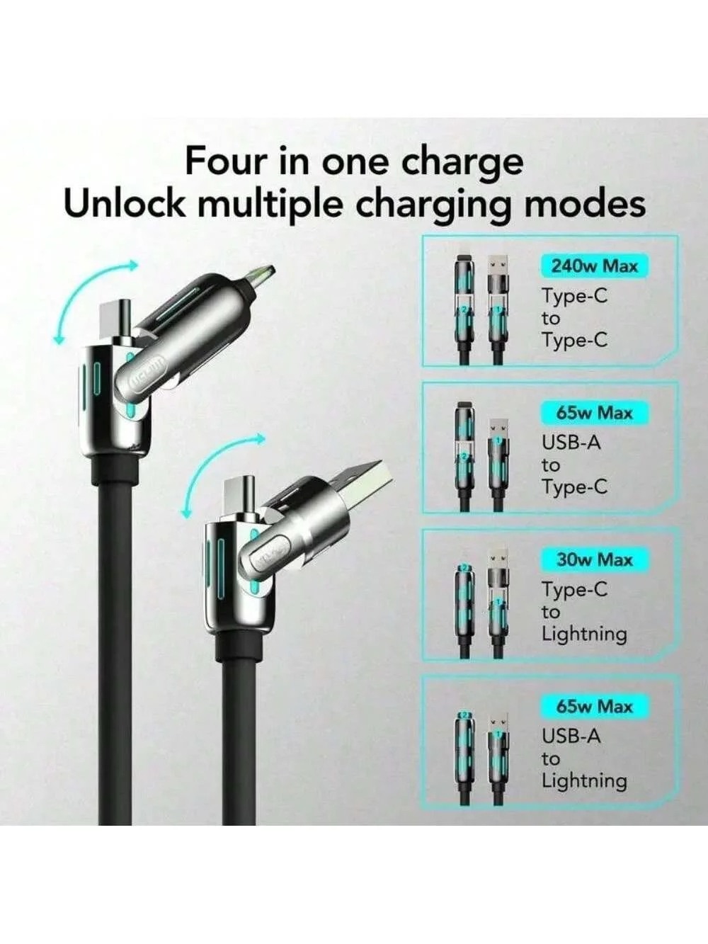 240W Fast Charging and Data Sync MFISH 4-in-1 Multi-Function USB Charging Cable USB, Type C, lightning-Max for iPhone, iPad,