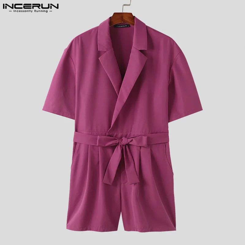 Incerun 2024 Koreaanse Stijl Jumpsuits Mode Herenpak Kraag Ontwerp Jumpsuits Casual Solide All-Match Rompertjes Met Korte Mouwen S-5XL