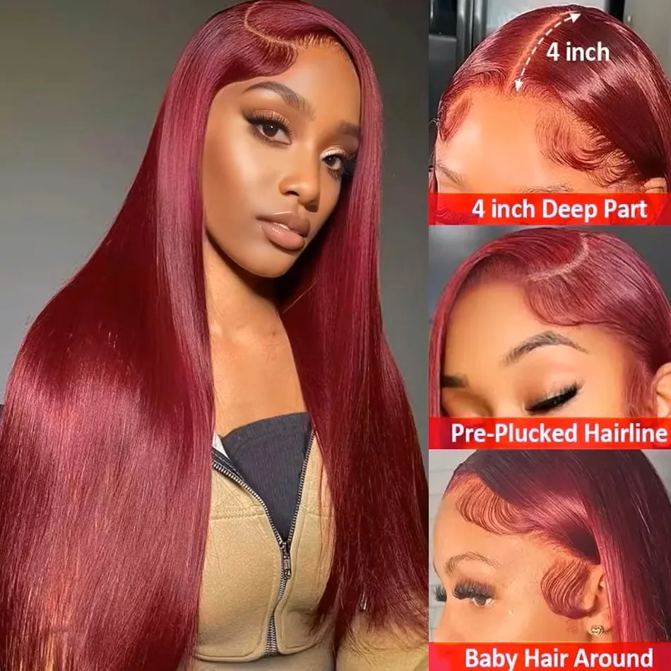 13x6 99J Burgundy Bone Straight Lace Front Wig Red Colored Human Hair Wigs For Women Brazilian Remy Transparent Lace Frontal Wig