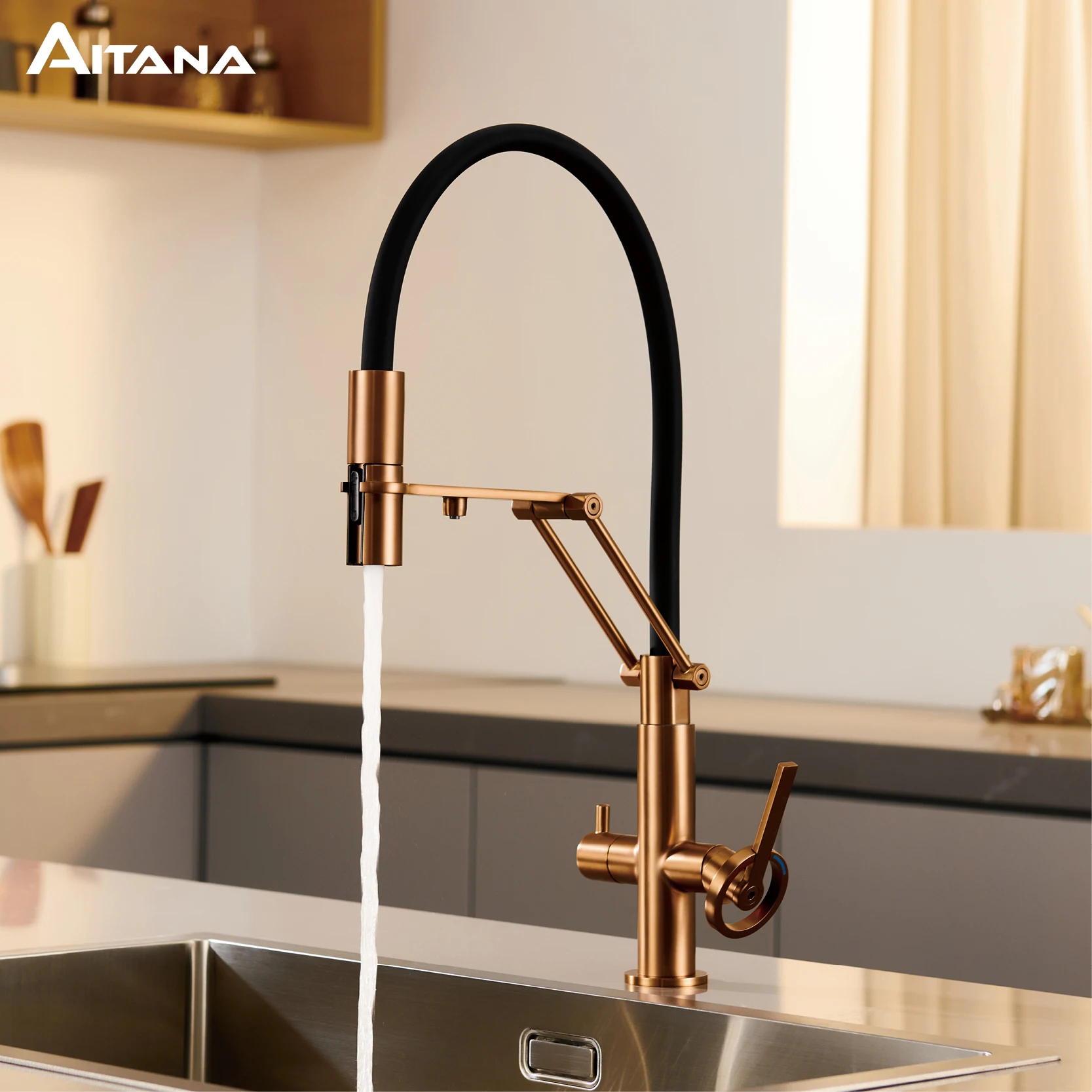 

Industrial brass brushed rose gold kitchen faucet with separated filter faucet. 1 hole pull-out hot&cold water tank mixr Tap