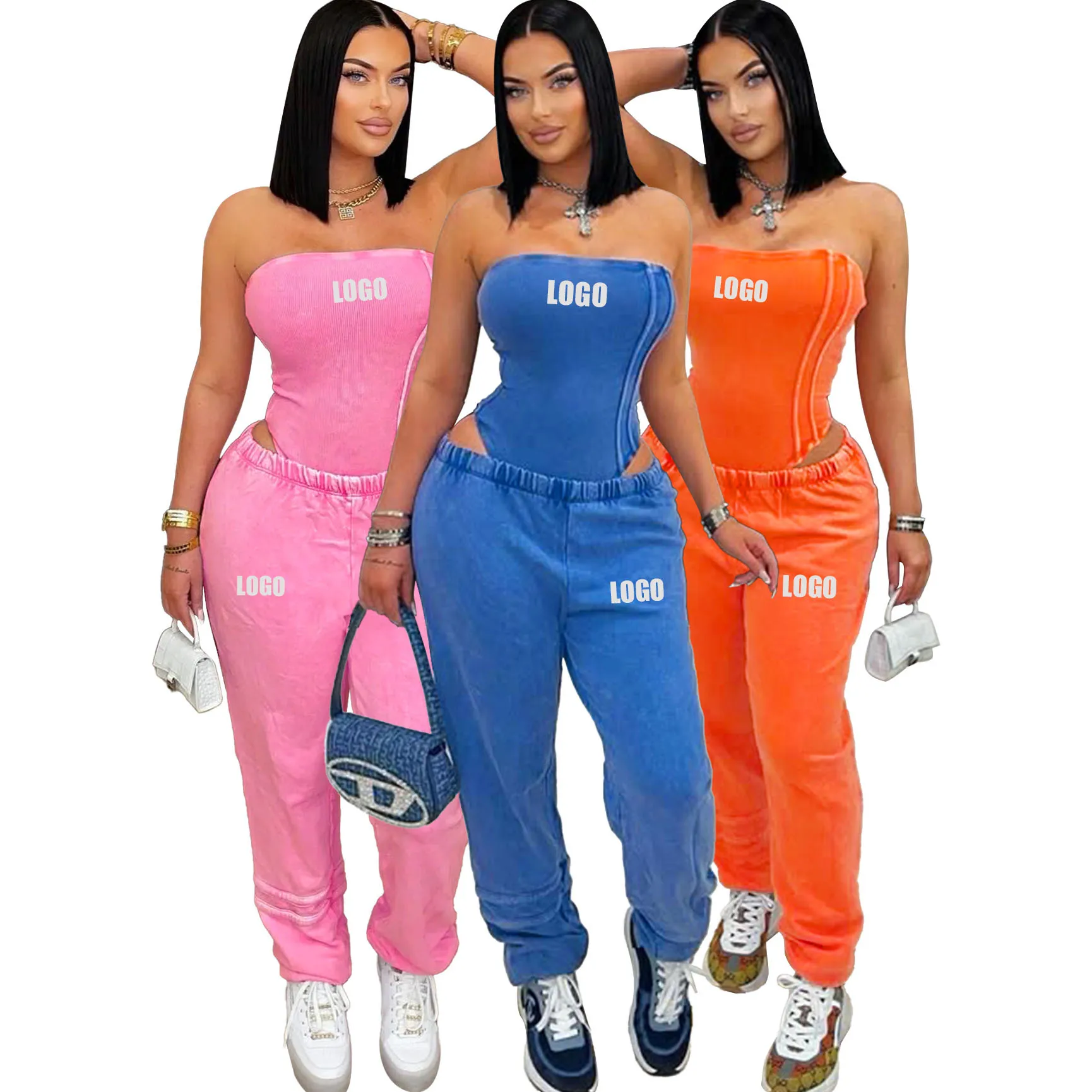 

Customized LOGO women's clothing new washed and old tube top slim onesie loose leggings two-piece set