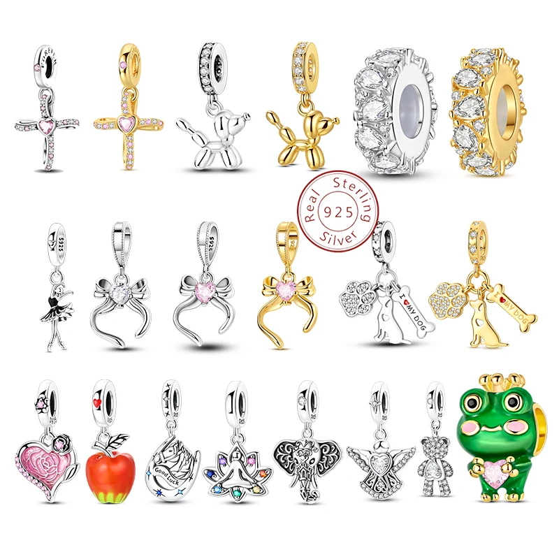 

925 Sterling Silver Gold Plated Balloon Dog Elephan Bow Charms Beads Frog Crucifix Pendant Fit 3mm Original Bracelet DIY Jewelry