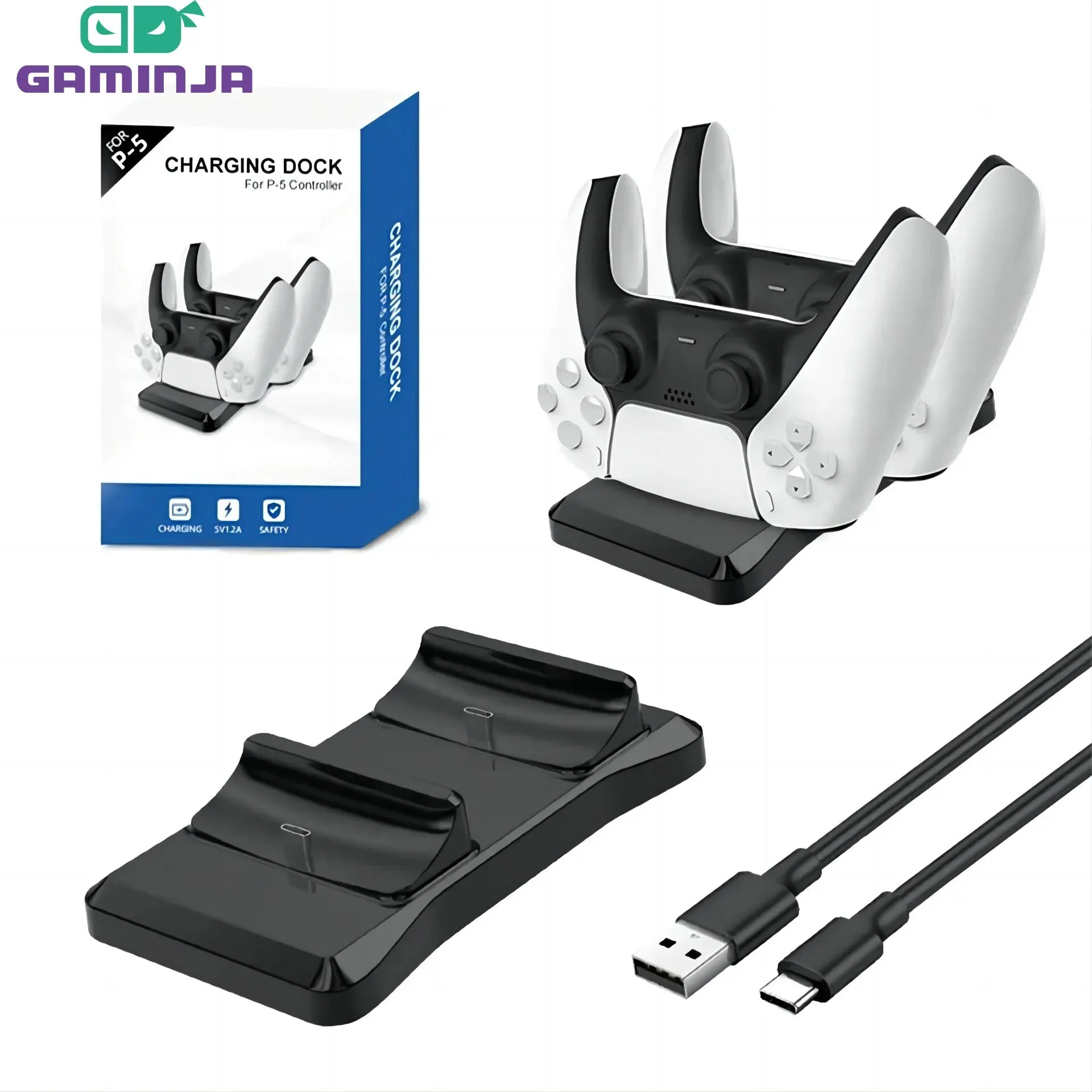 GAMINJA P51 Charger for PS5 Controller Station With Dual Charging Dock Fast Charging PS5 Wireless Controller Game Accessories