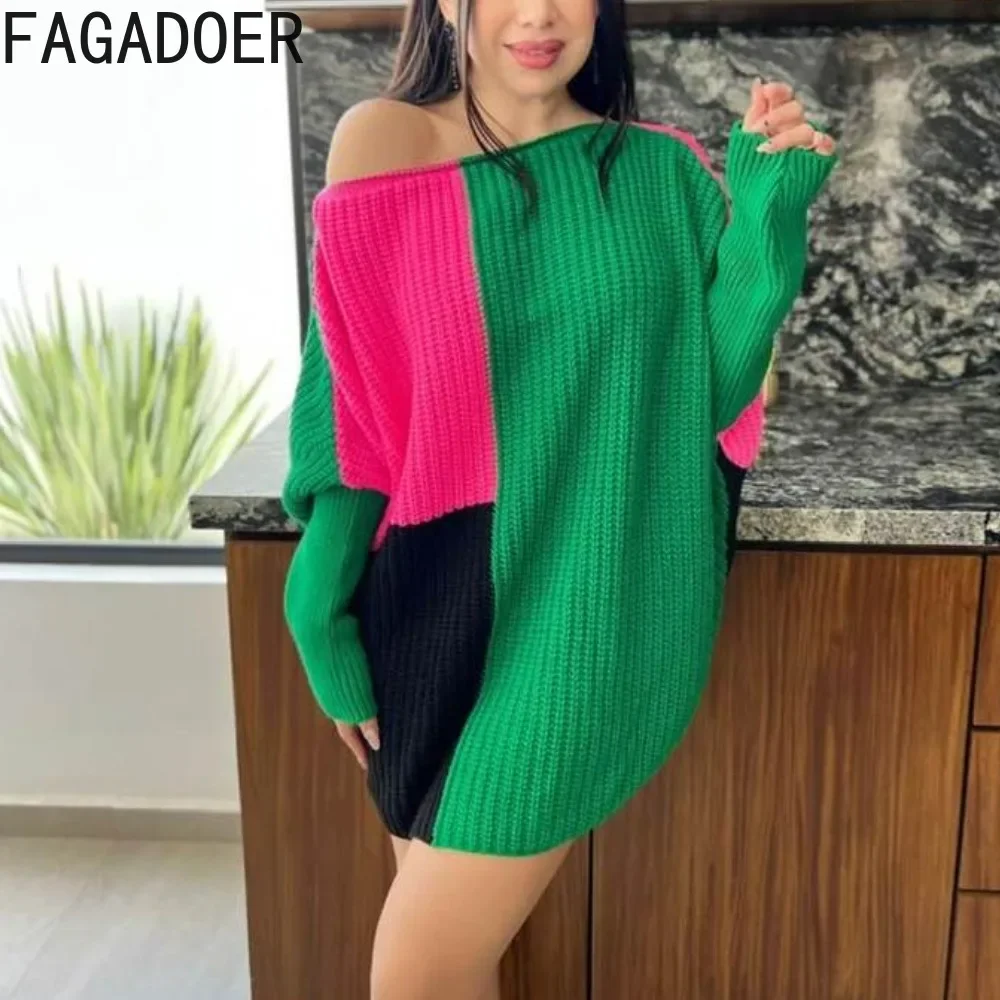 

FAGADOER Autumn Casual Knitting Loose Mini Dress Women Round Neck Long Sleeve Straight Vestidos Female Color Stitching Clothing