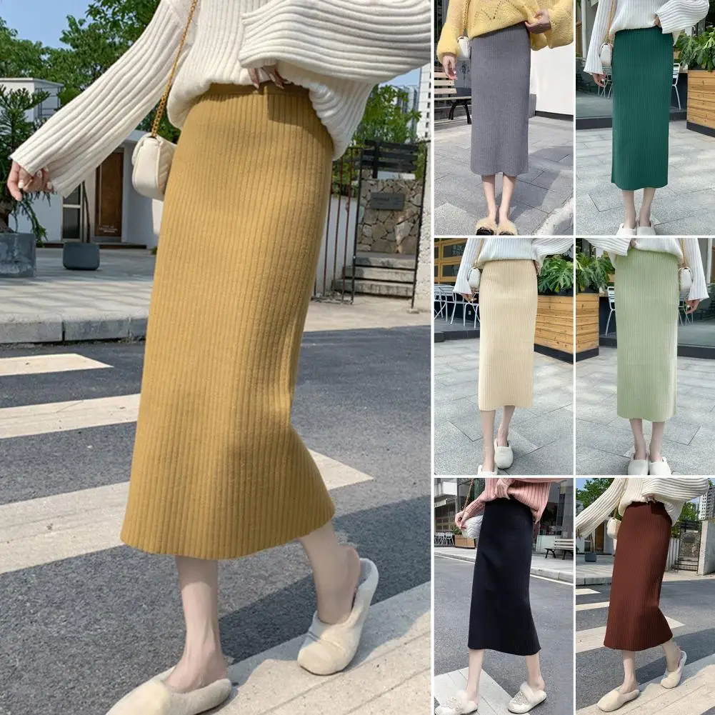 High-waisted Skirt Elegant Women's High Waist Knitting Skirt With Back Slit Design Soft Warm Midi Skirt For Fall Winter Stylish