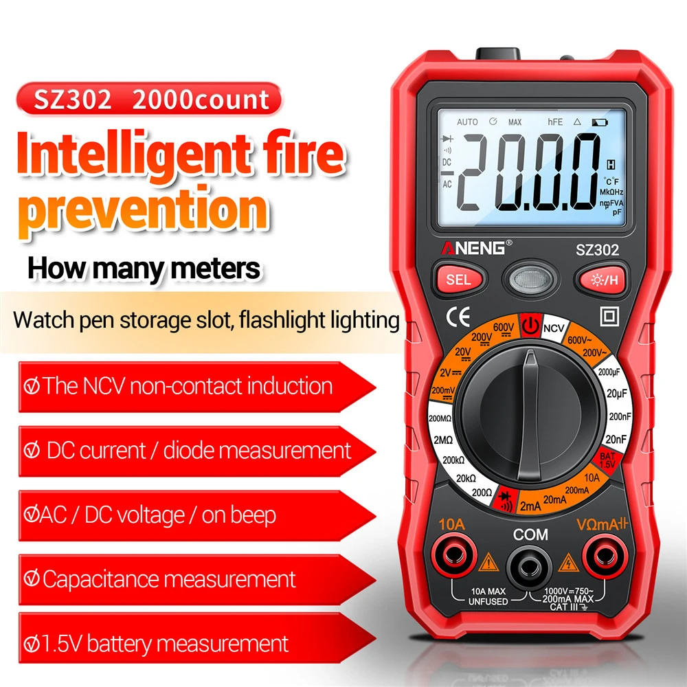 Professional Smart SZ308 SZ06 SZ302 SZ301 Digital Multimeter 1999 2000 Counts Multimetro Auto Voltmeter AC DC 220V Voltage Test