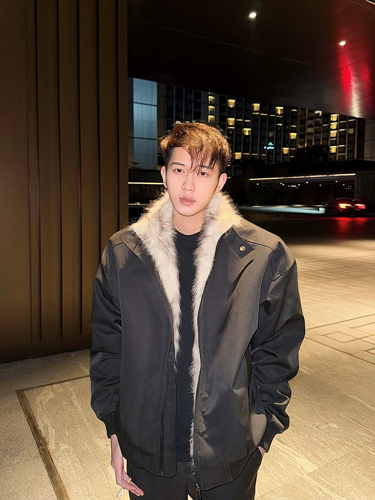 

American Sle ort Thiened Cotton Jaet Men's Winter Stand Collar Faux Fur Large Fur Collar Warm Sli Zipper Decoration