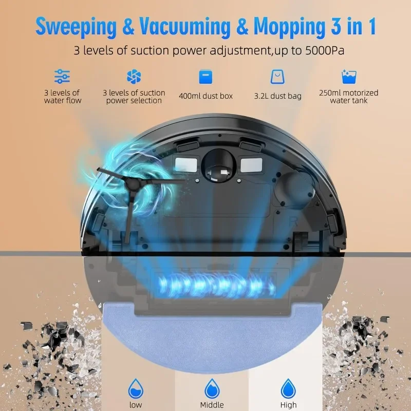 Combo de robot aspirador y trapeador 3 en 1, estación de vaciado autónomo durante 60 días, aspirador robótico con navegación LiDAR