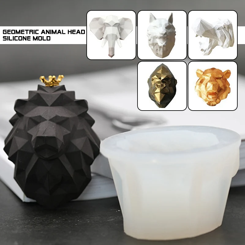 3D Animals Silicone Mold Lion Head Geometric Hippo Orangutan Tiger Wolf Moulds Fondant Cupcake Mold Polymer Clay Soap Mold