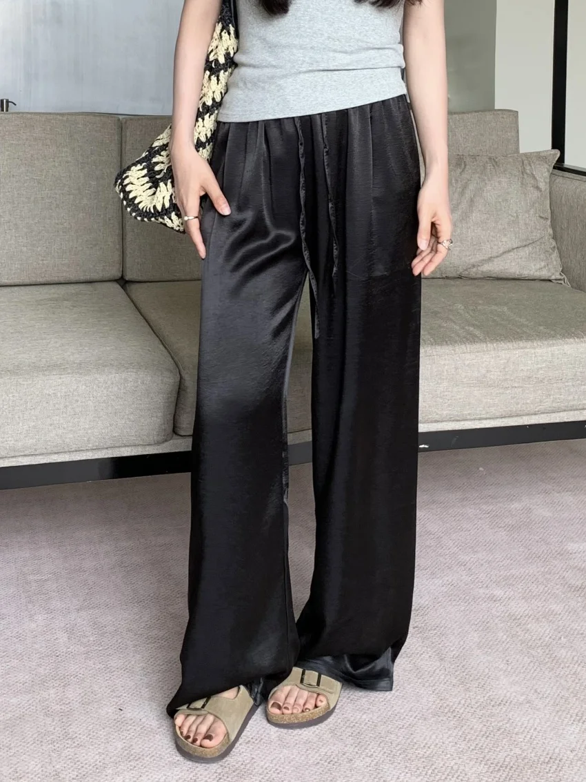 

Alien Kitty M-L Wide Leg Trousers Chic Women Satin New Slim Summer 2025 Daily Casual Straight Loose Fashion Pants