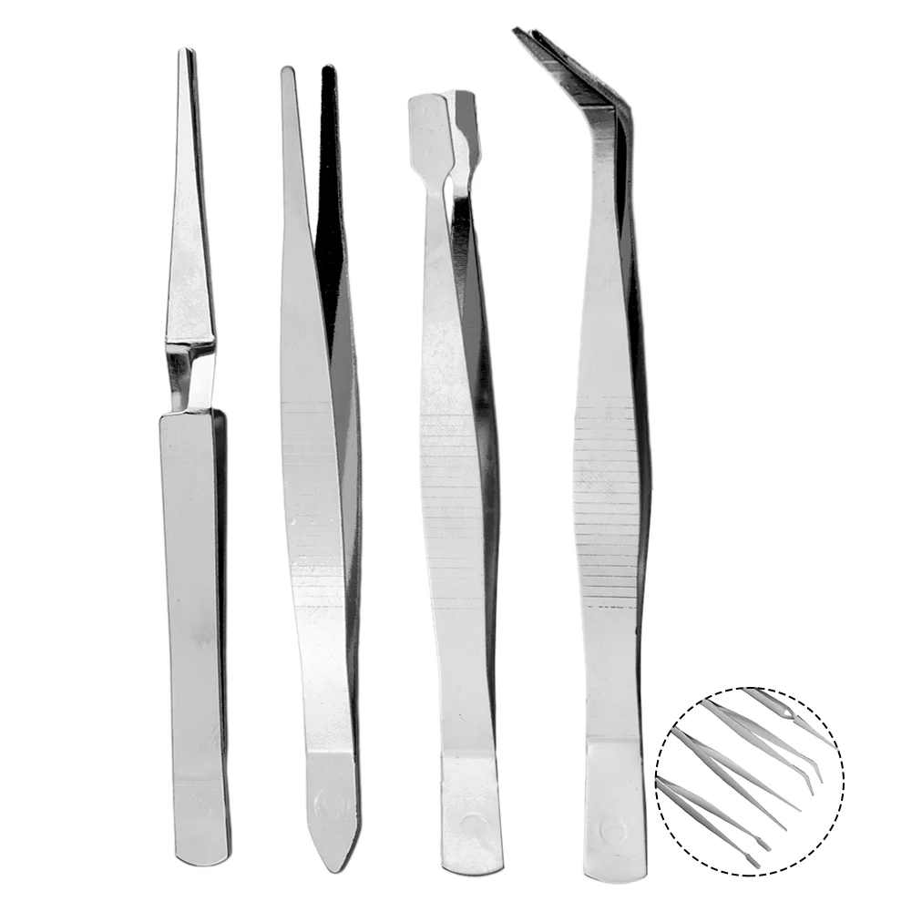 Hand Tools Tweezers Repair Tweezers Silver 4PCS Anti-Skid Stainless Steel Straight Bent Clip.Dressing High Toughness
