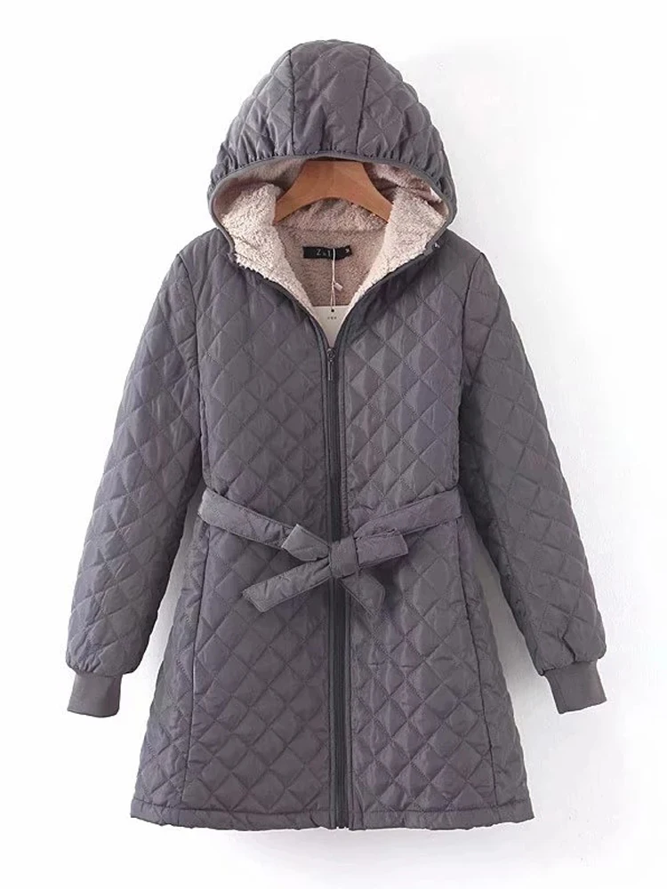 Women Winter Coat 2024 New Hooded Cotton Parkas Lace Up Plaid Velvet Long Jacket Threaded Cuffs Warm Overcoat Female