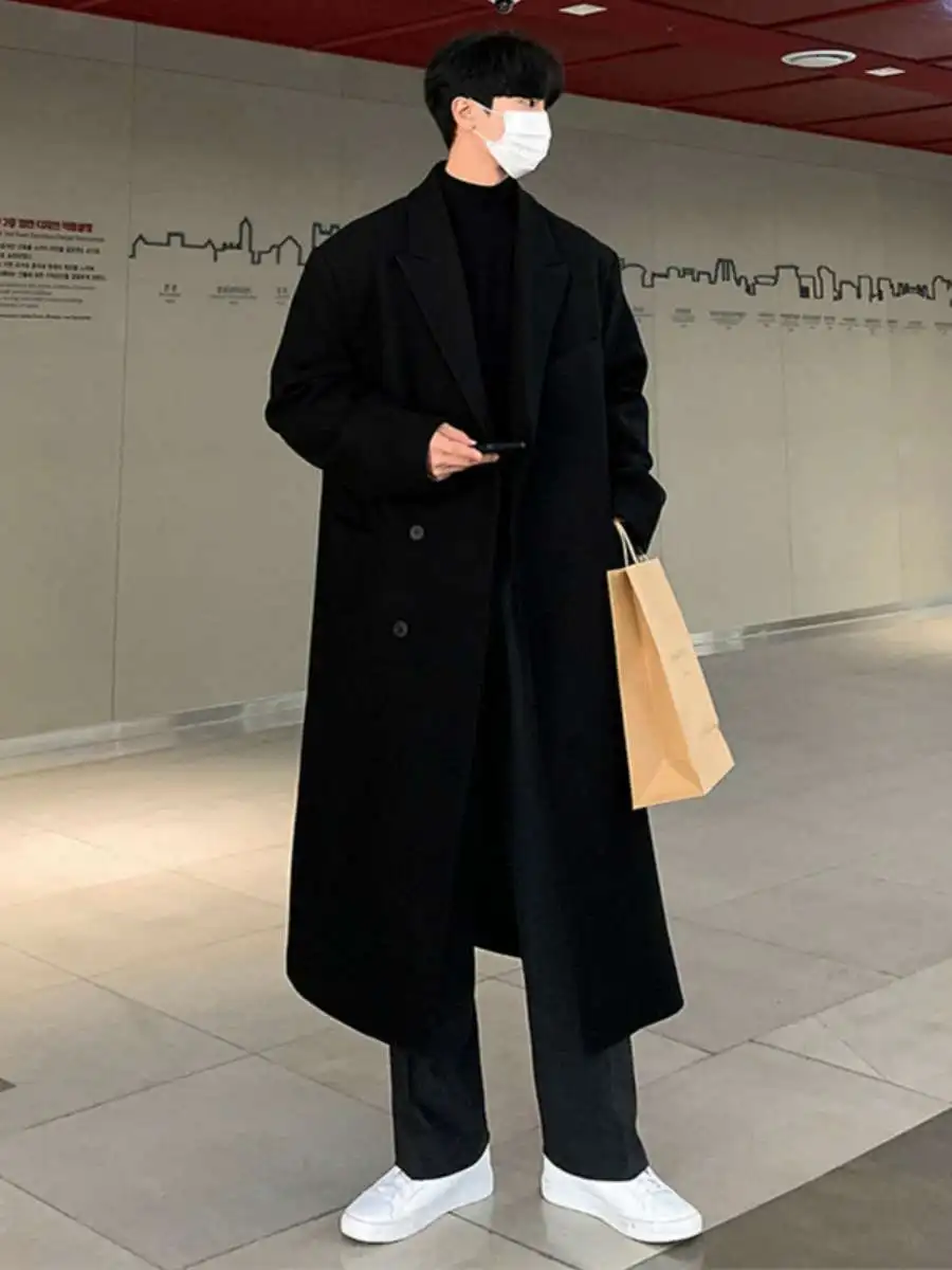 

Новое зимнее мужское шерстяное пальто средней длины выше колена, некамерное пальто, свободное корейское повседневное длинное пальто