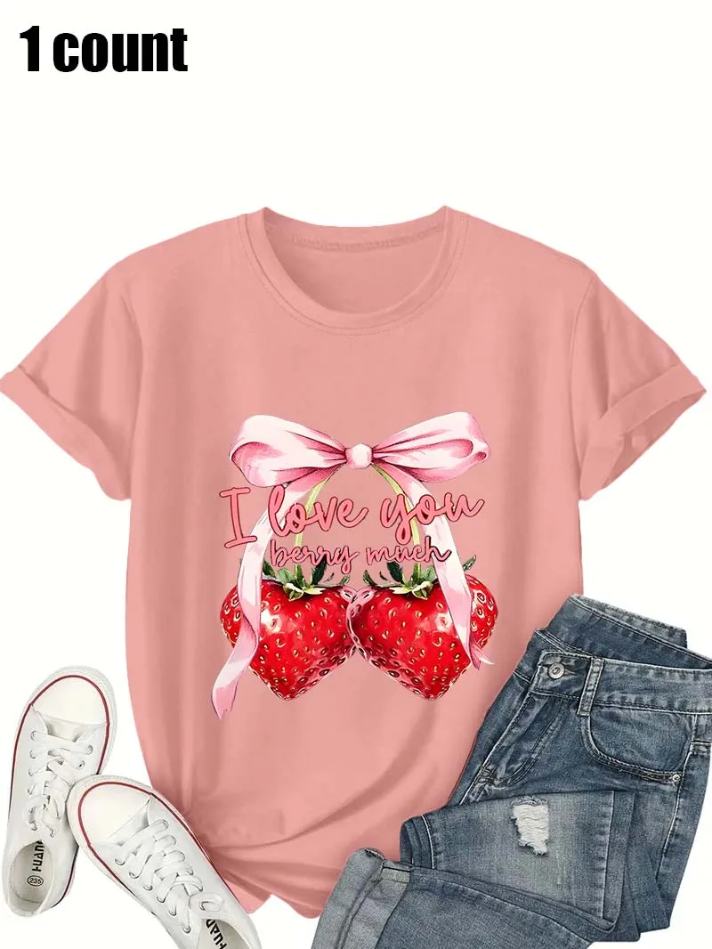 

Женская белая футболка больших размеров с коротким рукавом, милая клубничная футболка с графическим принтом «Я люблю тебя», милая и романтическая летняя футболка