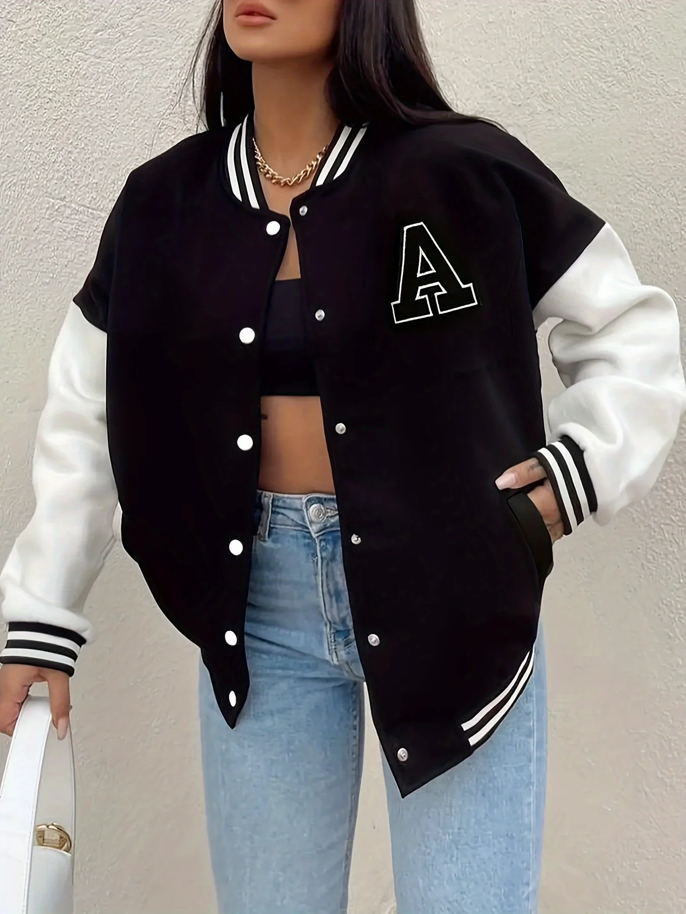 Fashionable Women's Simple A-line Baseball Uniform with Black and White Color Blocks for Daily Wear Autumn and Winter Jackets