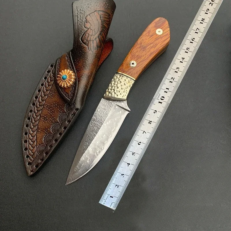 

Damascus Steel Fixed Blade Knife Sandalwood Handle Straight Knifes Tactical Survival Hunting Tool for Outdoor Camping With Case