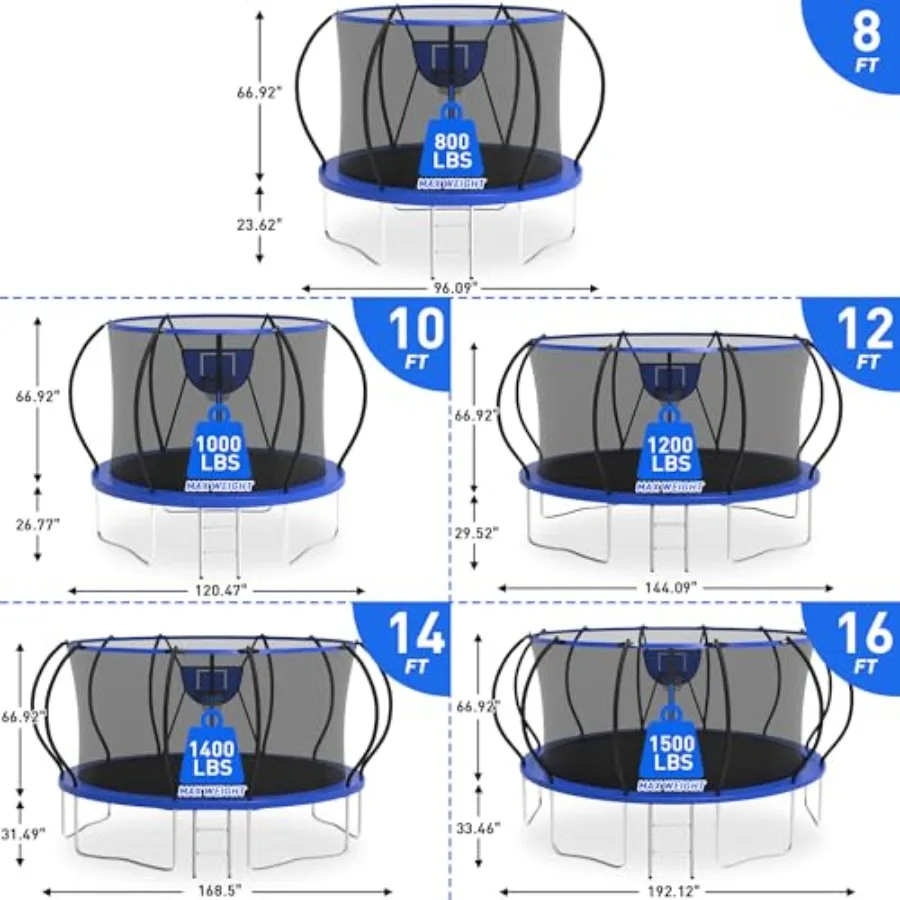 Outdoor recreational trampoline with ASTM approval galvanized steel frame black color 1500LBS capacity for 6-10 kids includes l