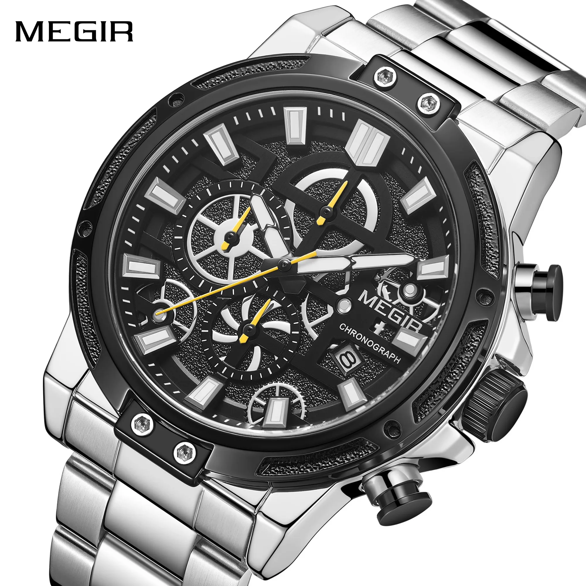 

MEGIR Роскошные деловые часы для мужчин, ремешок из нержавеющей стали, кварцевые повседневные наручные часы, водостойкий календарь, мужской хронограф 2108