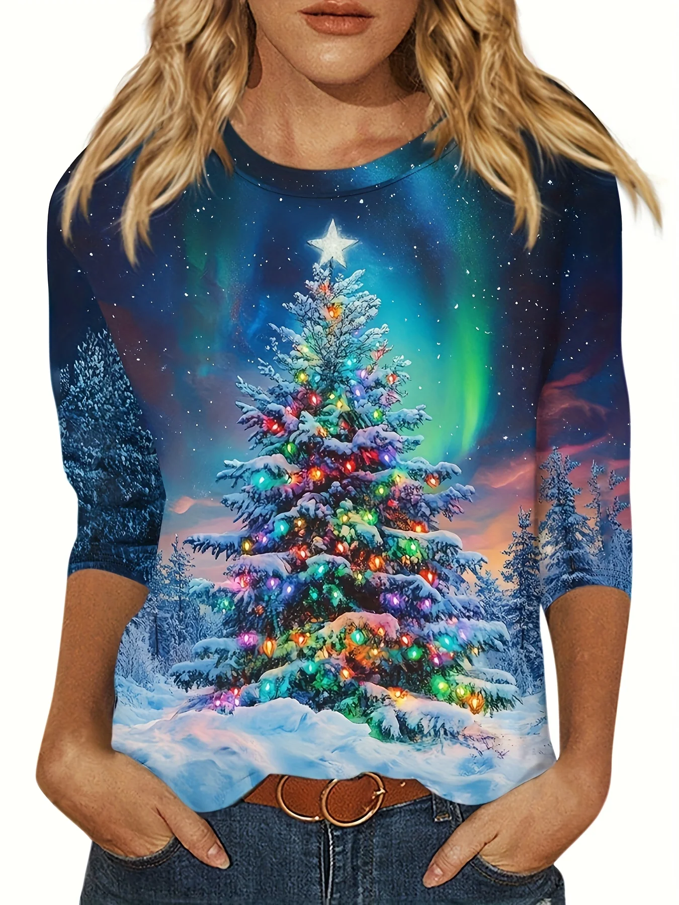 Women's Christmas Tree Print Sweatshirt Dark Blue Aurora Snowy Forest Long Sleeve Crew Neck Casual Pullover Top