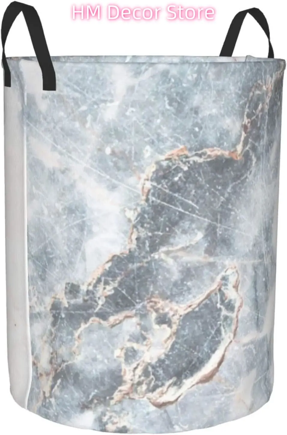 Gold Blue White Marble Laundry Basket with Handle Waterproof Collapsible Cloth Hamper Round Storage Basket for Bathroom Bedroom