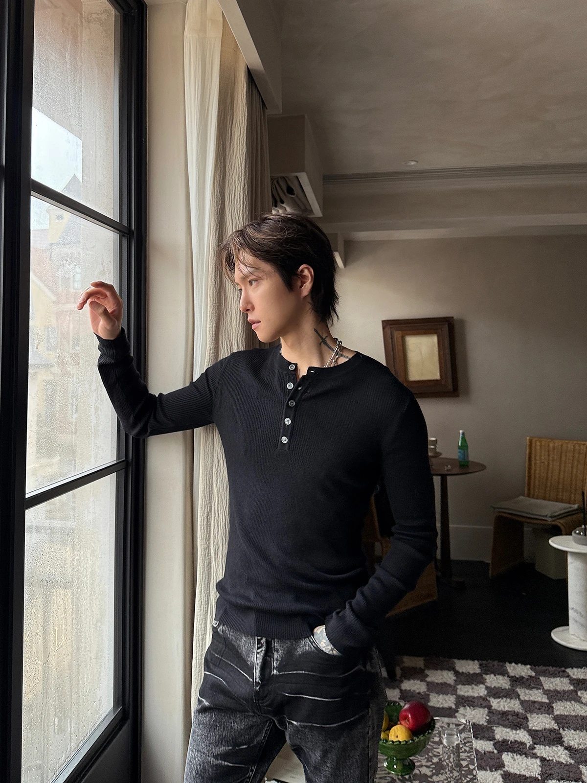 

Lightweight Breathable Men's Knitted Base irt Henry Collar Pullover Soft Skin-Friendly Slimming Autumn Faion Ci Walk