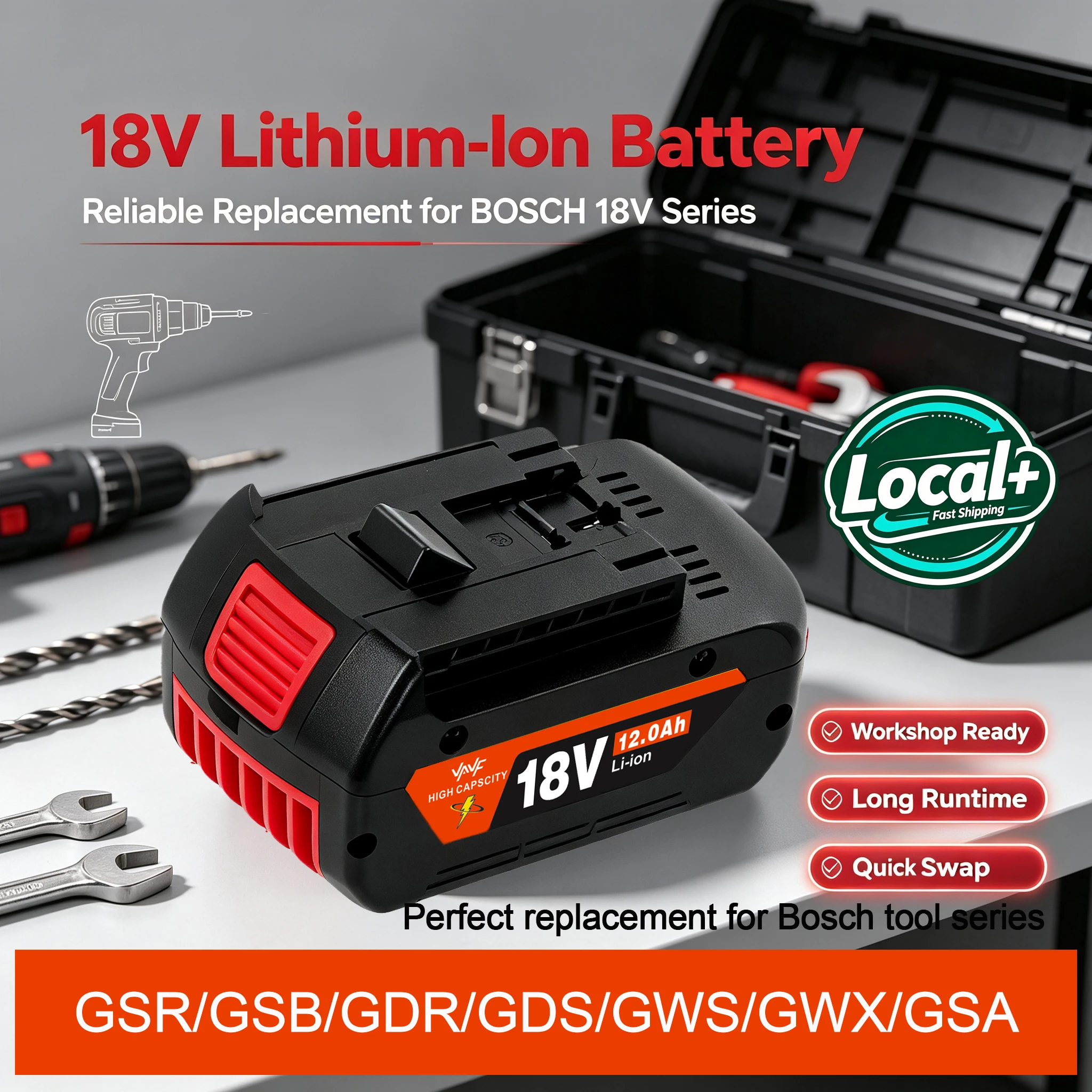 Lokaler Lagerbestand 18V 12.0Ah Li-Ionen-Ersatzakku für Bosch BAT609 BAT609G BAT618 BAT618G BAT622 Passend für GSR18-2-LI GSB18-2-LI GDR18-V-LI GDS18-V-LI, Akku-Bohrschrauber, Schlagschrauber,