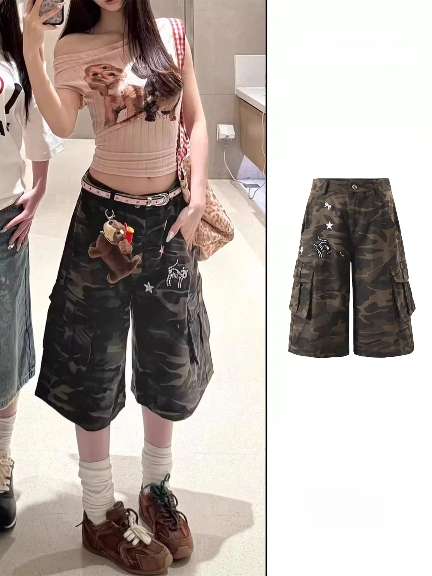 

American Style Trendy Camouflage Seven-Foot Pants Women's Spring Summer Straight Leg Wide Leg Casual Workwear Shorts