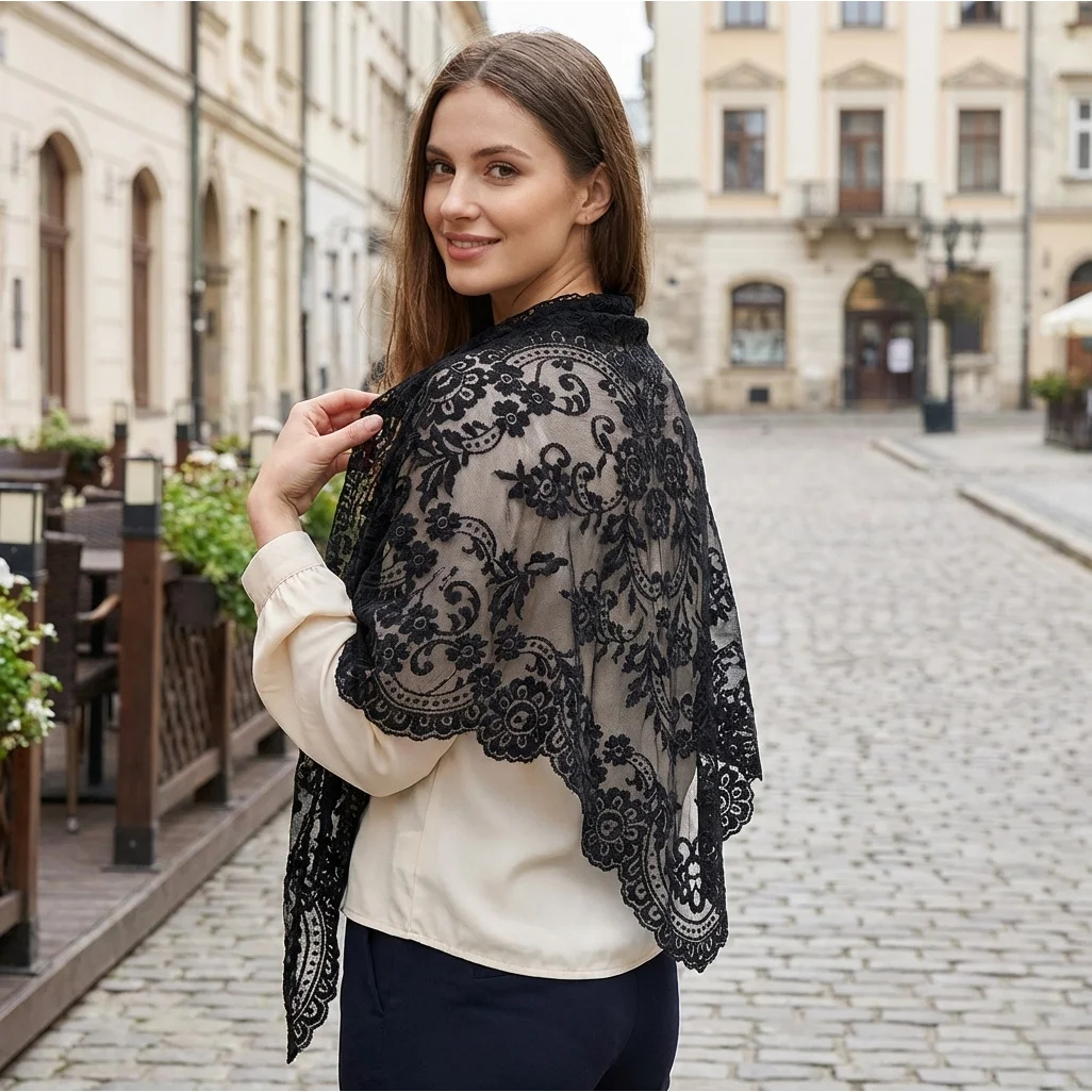 

Women'S Lace Triangular Shawl, Breathable Floral Hollow Out Outerwear, French Retro Scarf, Commute Wedding All-Match