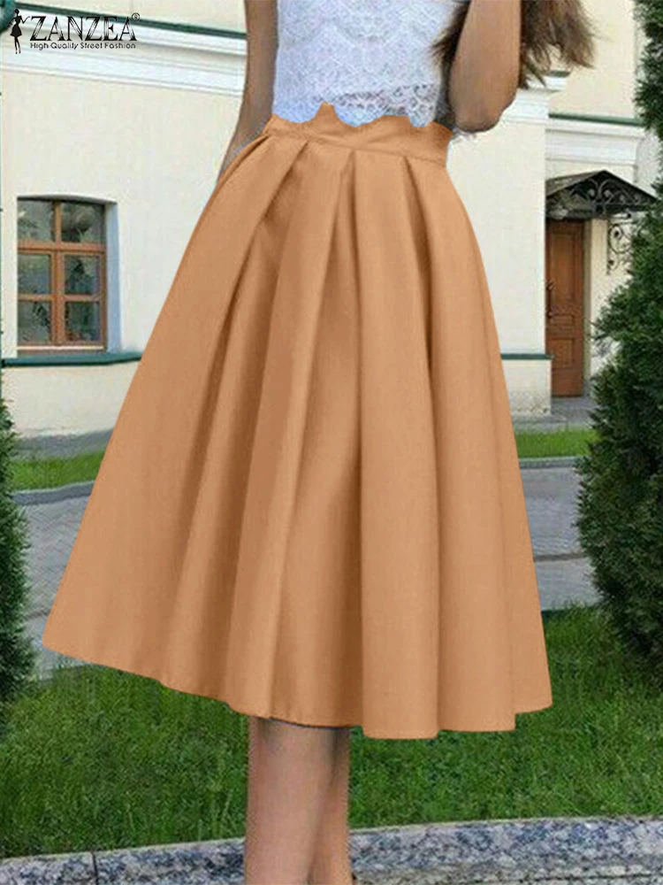 

Women Fashion A-line Skirt 2025 ZANZEA Elegant Summer High Waist Office Pleated Skirts Party Jupe Vestido Solid Midi Skirt Falda