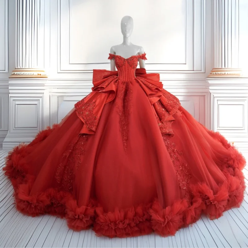 

Red Quinceanera Dresses Off the Shoulder Crystal Glitter Decal Flower Lace Ruffles Long tail Bow Vestidoe 15 Quinceanera Customi